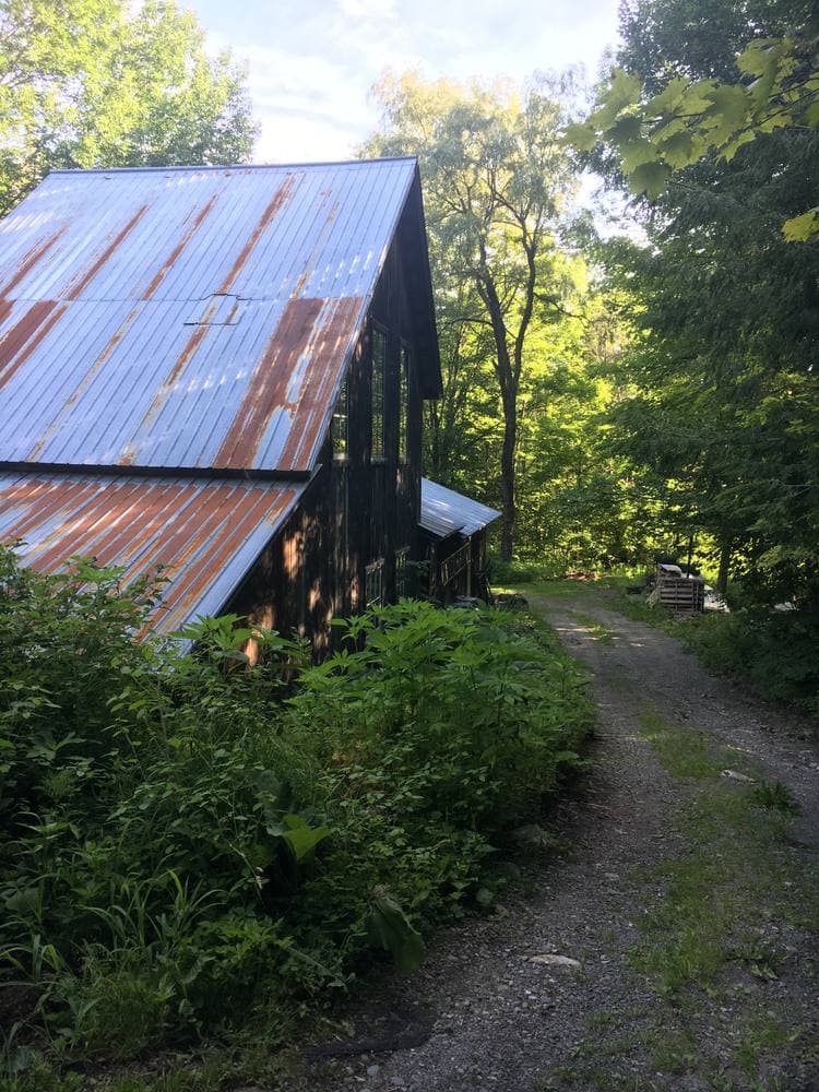 The dark wood shop with its rusted metal roof beside the gravel drive